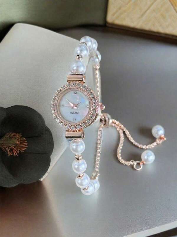 1 pieza Reloj pulsera de mujer de estilo elegante con perla blanca y decoración de oro rosa, caja con circonita cúbica engastada, esfera de nácar elegante, movimiento de cuarzo