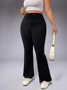 Pantalones de entrenamiento de talla grande para mujer con cintura alta, unicolor y volantes acuchillados - Negro - Ver 6