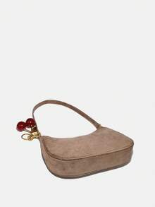 1个 Novachic 柔软绒面短款驼色可爱樱桃装饰简约单肩包，拉链封口，复古风格，腋下包，适合多种场合，秋冬季 - 卡其色 - 查看 5