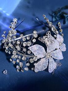 1pc Elegant Ombre Floral Headband With Sparkling Rhinestone Alloy Leaf Decor, Romantic Bridal Headpiece Suitable For Wedding, Halloween, Christmas, Party, Photography