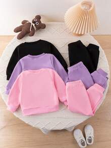 6pcs Baby Girls Autumn/Winter Fashionable American Style Heart & Leopard Print Crew Neck Sweatshirt & Casual Sports Pants Set - Pink - View 2