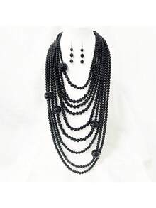 1 Set Women's Fashionable Exaggerated Pearl Decor Necklace, Long Body Chain, Earrings Suit, Elegant Accessories Necklace Round Bead European And American Pearl Necklace New Exaggerated Multi-Layer Collarbone Fashion Retro Versatile Temperament Sweater Jewelry - Pearl Long Necklace Set - View 4