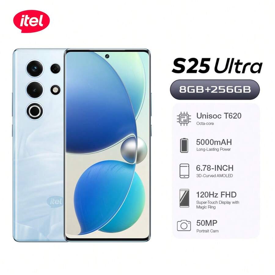 itel S25 Ultra 双卡 4G 钛金版 Android 14 智能手机 8GB RAM 256GB，5000mAh 电池，Type-C 充电，指纹解锁 - 藍色 - 查看 1