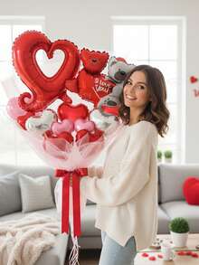 16pcs/Set Valentine's Day Party Decorative Balloons, Suitable For Creating Valentine's Day Bouquets (This Set Only Includes Balloons, No Other Accessories) Mini Hugging Bear/Koala/Couple Bear/Heart-Linked Balloons, 18-Inch Red/Pink/Rose Gold Heart-Shaped Foil Balloons, 10-Inch Red/Pink/Silver Heart-Shaped Foil Balloons, Suitable For Valentine's Day Surprise Gifts, Decorations, Proposals, Engagements - Multicolor - View 3