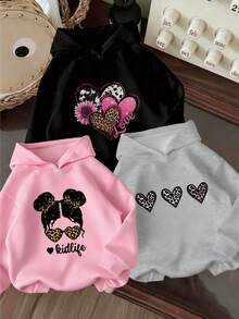 3pcs Tween Girl Graphic Print Sweatshirt Set, Warm & Comfortable Thermal Lined Sweatshirt Pullover For Autumn/Winter - Grey - View 1