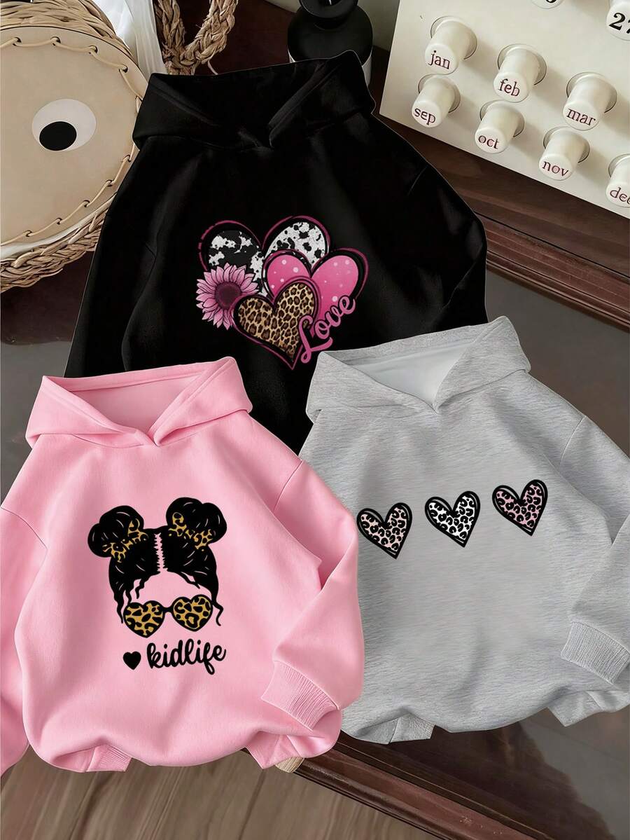 3pcs Tween Girl Graphic Print Sweatshirt Set, Warm & Comfortable Thermal Lined Sweatshirt Pullover For Autumn/Winter - Grey - View 1