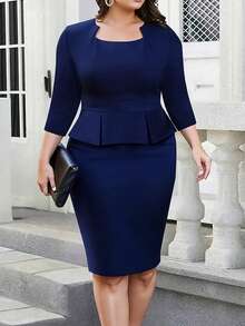 HOMEYEE فستان كاجوال متوسط الطول بياقة مربعة، أكمام ثلاثة أرباع، 2 في 1، فينتاج، أنيق، للمكتب، مقاسات كبيرة، للربيع - أزرق بحري - مشاهدة 8