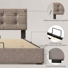 Hydraulic Double Upholstered Bed 140x200cm, Mattress Included, Adjustable Headboard, Bed With Metal Slatted Frame, Velvet, Modern Bed Frame With Storage Space, Light Grey - LIGHT GREY + Velvet + 140cm*200cm - View 2
