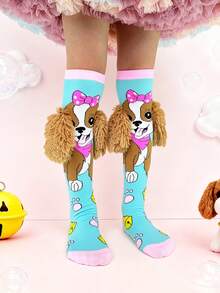 一双儿童过膝袜，可爱卡通狗狗图案，立体耳朵装饰，四季皆宜，趣味十足，适合狂欢节、派对、音乐节、母亲节、假期、返校季、婚礼、角色扮演、户外活动和日常穿着——绝佳礼物之选 - 淺藍色 - 查看 3