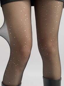 1条装 80克/220克/300克 女士性感闪光透明亮片黑色连裤袜，春秋冬三季商务性感保暖连裤袜，带保暖内衬，保暖打底裤 - 黑色 - 查看 4