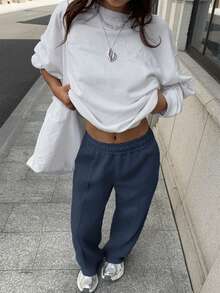 Sulojter Casual Loose Solid Color Elastic Waist Sweatpants - Dusty Blue - View 4