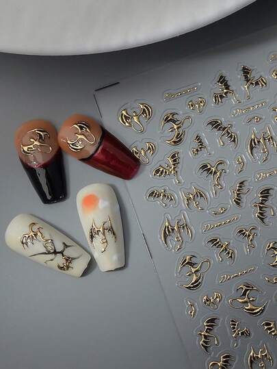 1 قطعة ديكور فني للأظافر بتصميم تنين ذهبي مجسم 5D، لاصق ذاتي ومقاوم للماء لل- DIY
