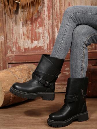 Plus Size Dam Höst/Vinter Spänne Rem Rund Tå Sidodragkedja Tjock Sula Retro Stövlar, Fest