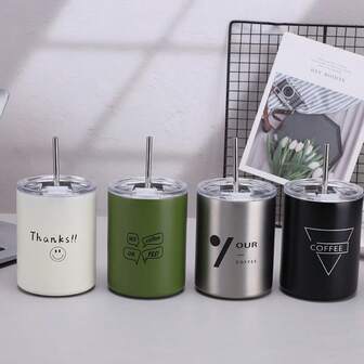 1pc, 350ml Stainless Steel Insulated Coffee Cup With Lid And Straw, Suitable For Water, Iced Tea Or Coffee Smoothie, Travel Mug For Car/Home/Office/Party/Camping