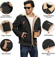 Mens Winter Thick Thermal Cotton Warm Fleece Lined Sherpa Trucker Lapel Work Cargo Jackets Coat OuterwearChristmas 8453 - 黑色 - 查看 9