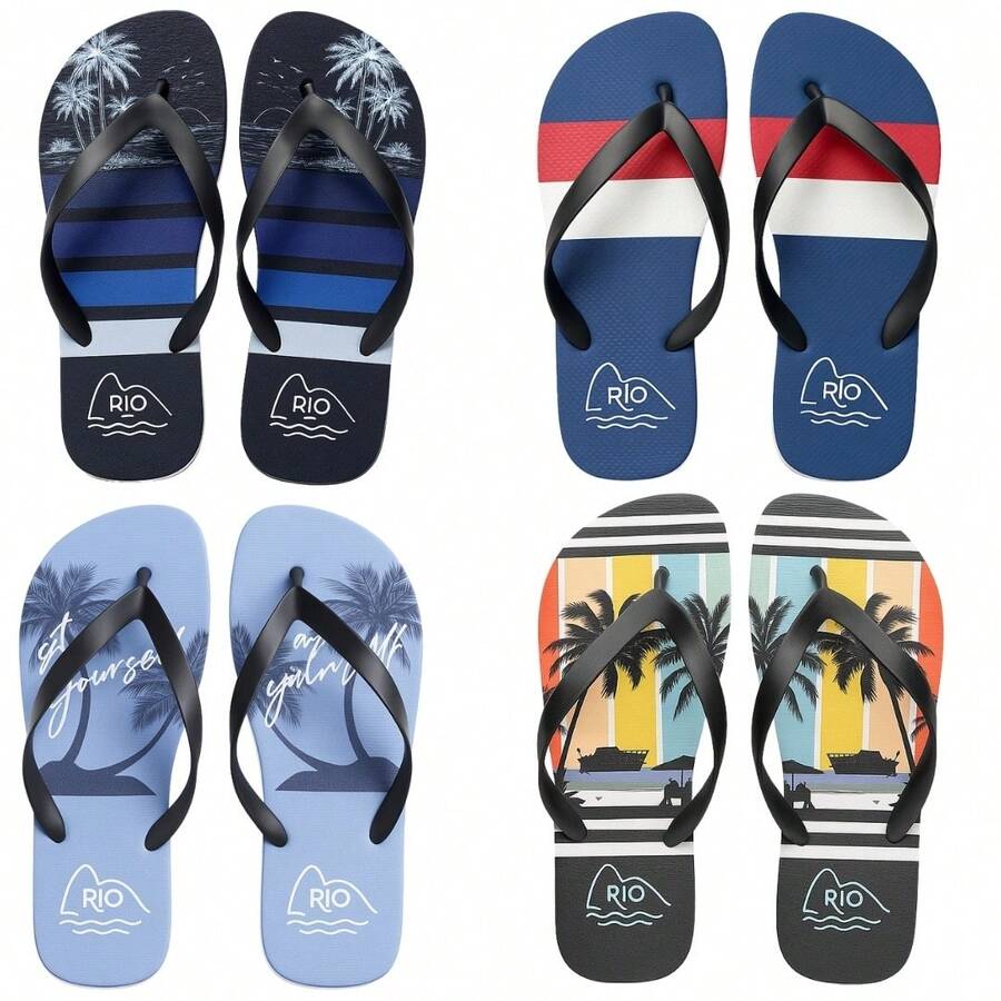 Kit Of 3 Pairs Of Comfortable Men's Flip Flops With Thick, Durable Straps - Beach C + Stripe + Beach RJ - View 1
