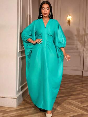 AOMEI Elegant Women Long Loose Dresses Pleated Evening V Neck Lantern Sleeve African Female Classy Fashion Glitter Party Bubu Dress