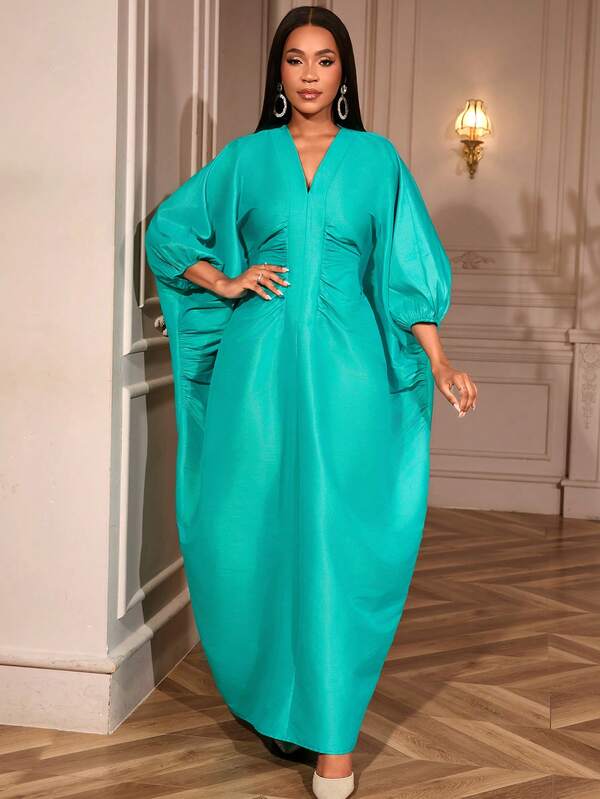 AOMEI Elegant Women Long Loose Dresses Pleated Evening V Neck Lantern Sleeve African Female Classy Fashion Glitter Party Bubu Dress