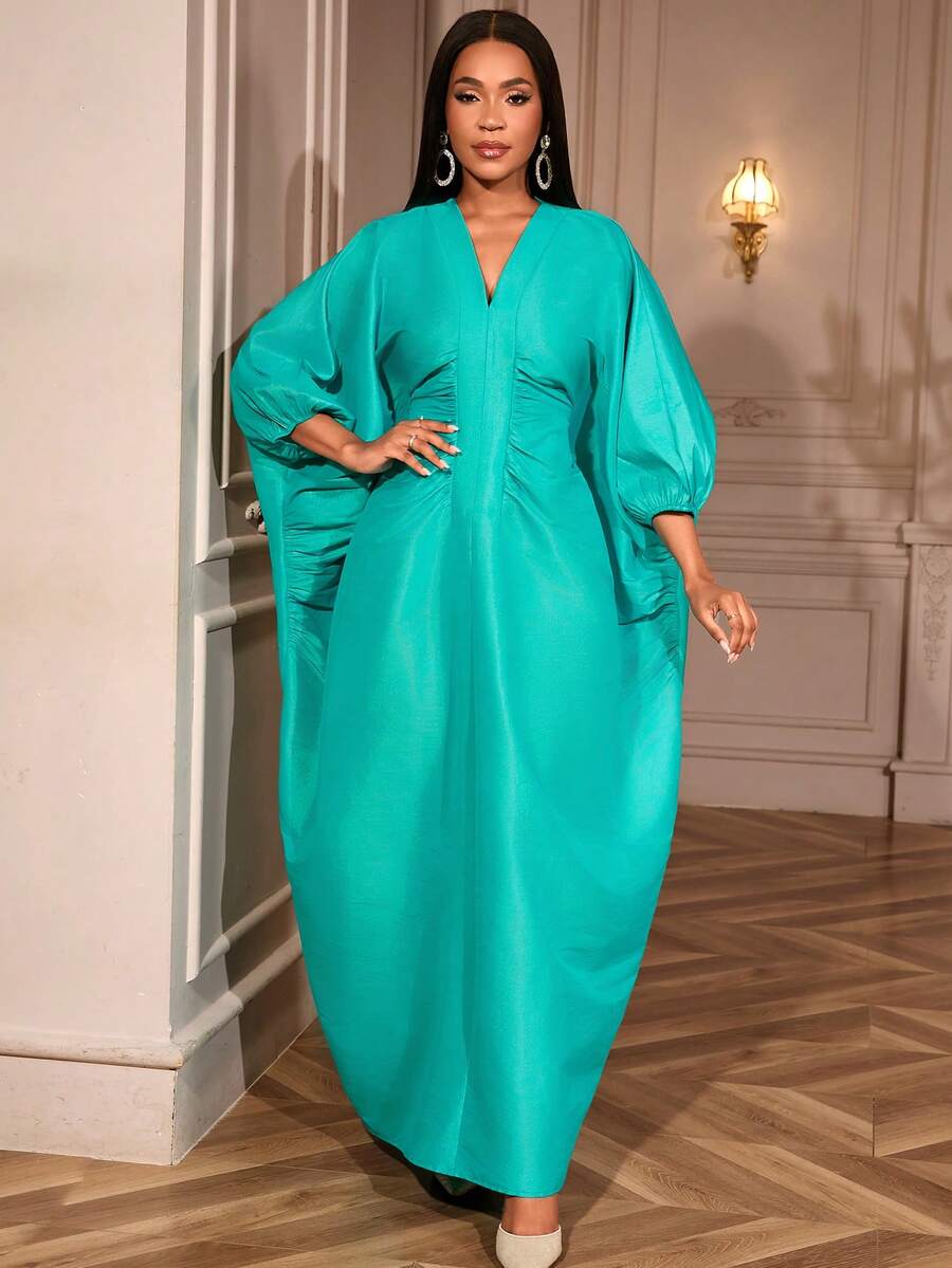 Robe longue et ample élégante pour femmes, avec col en V, manches lanternes plissées. Robe de soirée africaine de mode classieuse avec paillettes pour fête