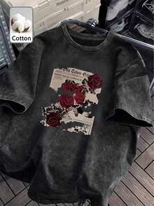 女士休闲纯棉T恤，印有趣味“玫瑰报纸”图案，复古街头风，宽松舒适，Y2K朋克摇滚印花，可机洗短袖上衣，黑色，夏季款 - 黑色 - 查看 2