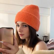 1 Pc Winter Hat Solid Color Cute Curly Beanie Winter Outdoor Soft Warm Ski Hat For Women Fashion Cuffed Plain Skull Knit Hat Unisex Casual Plush Cap