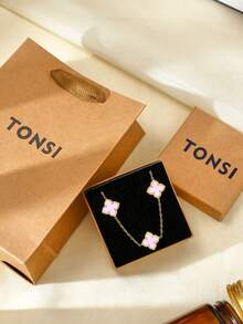 TONSI 1 Set Minimalist Elegant Versatile Luxury 18K Gold Plated Stainless Steel Four-Leaf Clover Bracelet & Ring Jewelry Gift Box Set, Best Birthday/Holiday Gift For Women