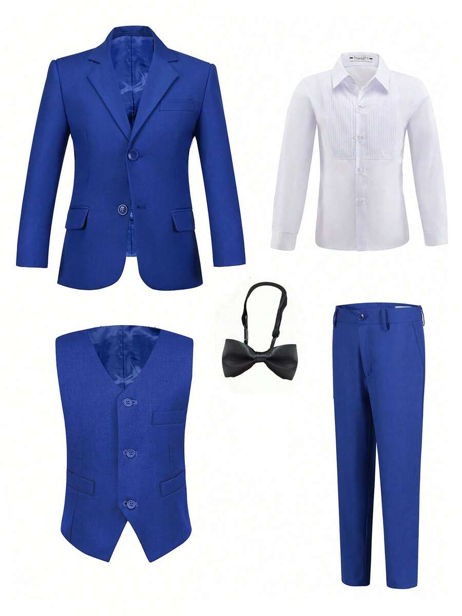 5件套男童西装套装，幼儿燕尾服正装，婚礼花童礼服 - 包括外套、马甲、裤子、衬衫、领带，适合儿童生日、婚礼、毕业典礼、婚礼宾客、花童等场合，皇家蓝，尺码6-16岁 - 寶藍色 - 查看 1