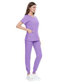 Pijama Uniforme Antifluidos Mujer Y Conjunto top de manga corta con pantalones, Enfermeras uniformes de verano de manga corta separa traje de enfermería uniformes de enfermería traje de lavado a mano ropa elástica de secado rápido top de manga corta con pantalones - Púrpura malva - Ver 7