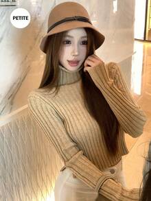 High Neck Slit Folding Short Fitted Solid Color Sweater For Women, Fashionable Layering Knit Top, Autumn/Winter - Khaki - View 3