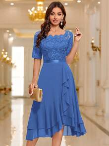 MIUSOL Đầm cocktail cổ thuyền phối ren hoa, viền bèo nhún, thích hợp cho tiệc cưới, mùa xuân. - Màu xanh lam - Xem 5