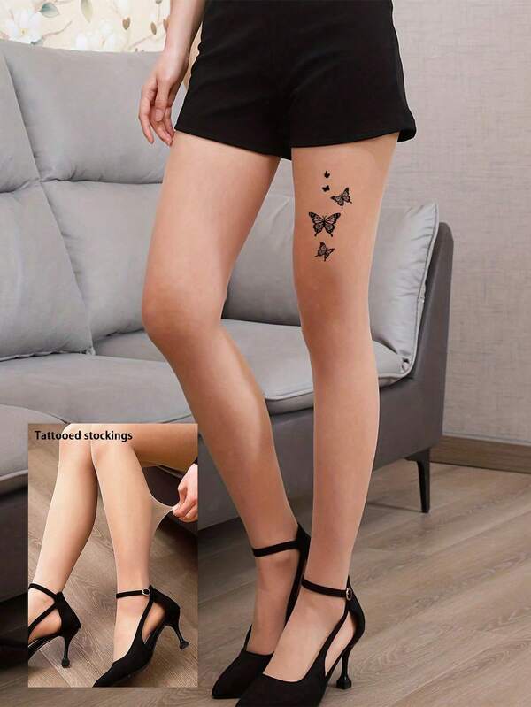Collants transparents avec imprimé tatouage pour femmes - Collants avec motif floral papillon pour l'été et l'automne, couleurs chair et noir, confort quotidien, résistants aux filages, mode amincissante