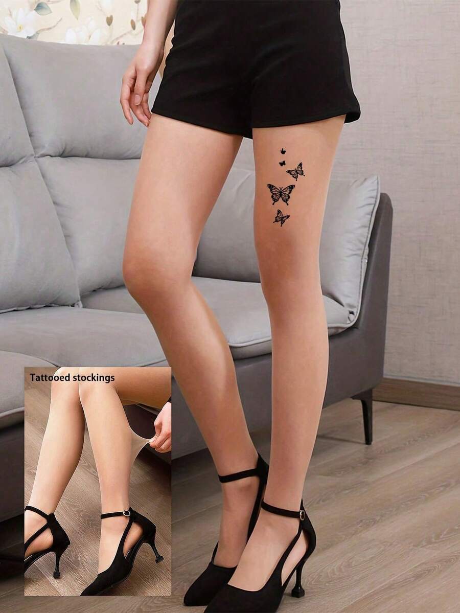 1 件蝴蝶纹身图案连裤袜，天然超薄杏色丝袜，适合日常穿着，时尚紧身打底裤 - 杏色 - 查看 1