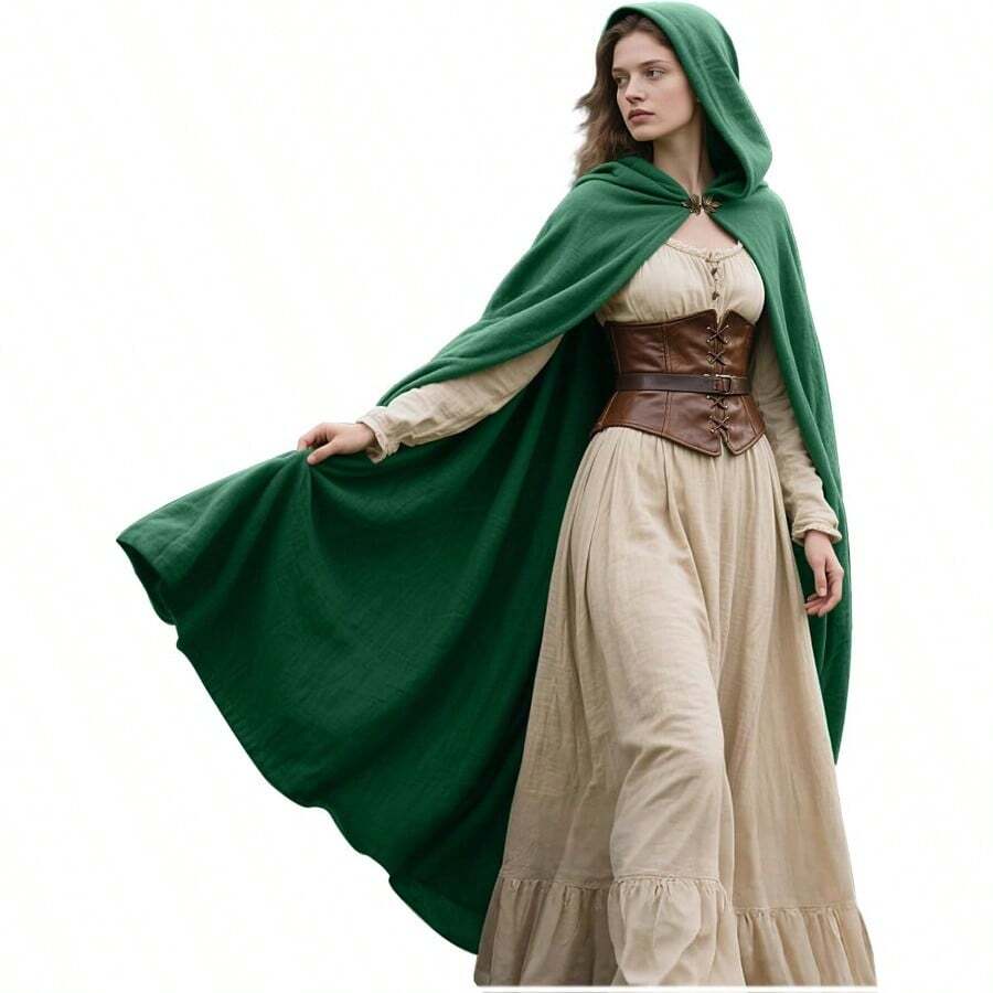 L'VOW Medieval Hooded Cloak Renaissance Cape With Hood Halloween Sorcerer Cosplay Hobbit Costumegift - màu xanh lá - Xem 1