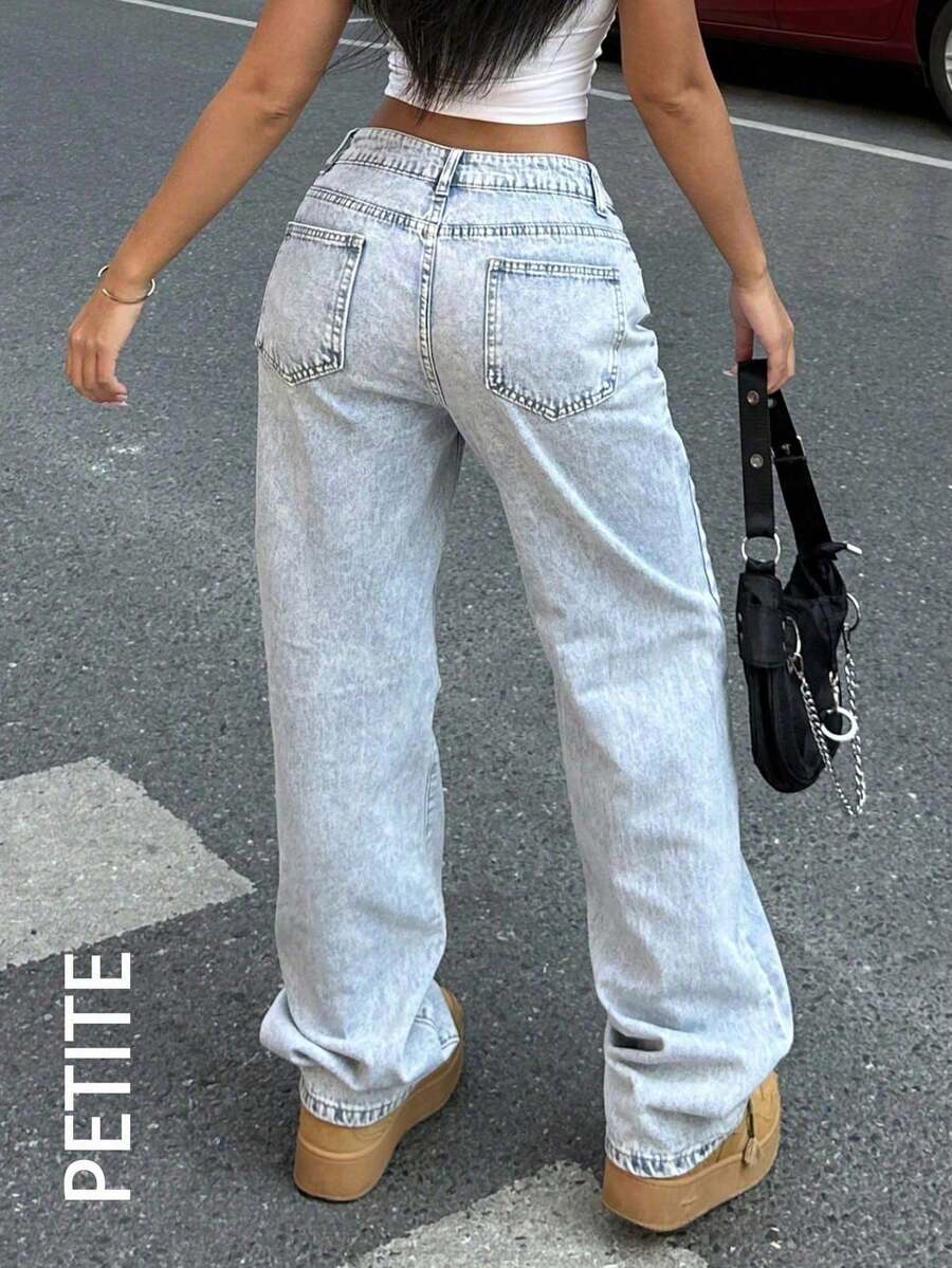 PETITE Women's Casual Washed Wide Leg Jeans, Suitable For Daily Wear Fall - Light Wash - View 1