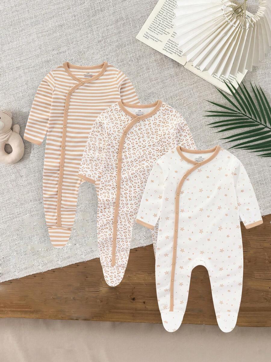 3件套女婴0-12个月草莓印花长袖婴儿连体衣100%纯棉柔软新生儿衣服秋冬 - 彩色 - 查看 1