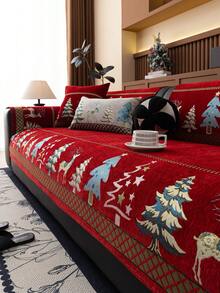 1PC Christmas Holiday Decor Sofa Cushion Chenille Jacquard Seat Pad With Reindeer And Christmas Tree Pattern, All-Season Non-Slip Sofa Cover Machine Washable - Red - View 6
