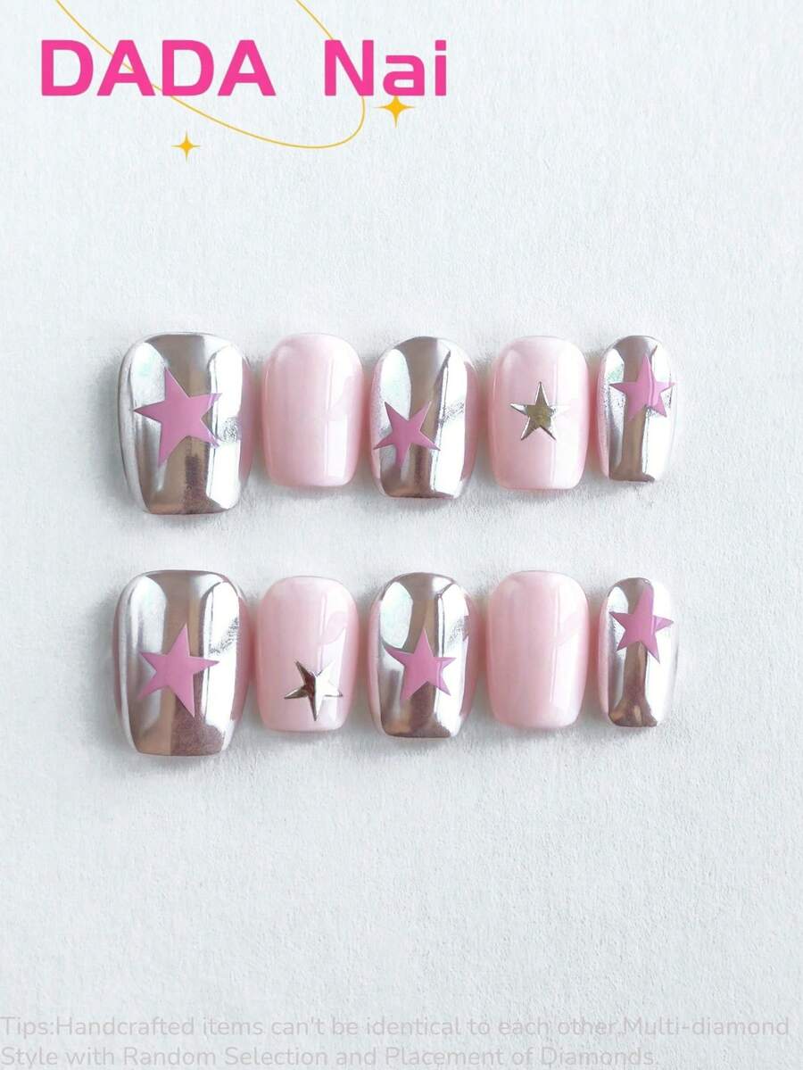 10 miếng dán móng tay acrylic thủ công, dụng cụ làm móng nghệ thuật, miếng dán móng vuông ngắn, miếng dán móng màu hồng, miếng dán móng màu bạc, miếng dán móng hình ngôi sao, họa tiết dễ thương, miếng dán móng phong cách Y2K, miếng dán móng mùa hè, miếng dán móng mùa thu, gel UV, bộ dụng cụ làm móng acrylic, bao gồm dụng cụ làm móng.