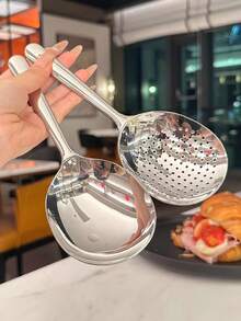 1 pieza Cuchara de servir grande de acero inoxidable, cucharón de sopa grande para el hogar, cuchara perforada redonda, adecuada para fiestas/bufés, apta para lavavajillas, accesorio de cocina, suministros para el hogar, vuelta al colegio - Multicolor - Ver 7