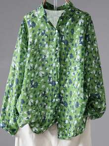 女式休闲全印花前扣度假衬衫，秋季 - 綠色 - 查看 3