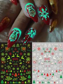 2pcs Glowing In Dark Christmas Nail Art Stickers Snowflakes Santa Claus Elk Christmas Tree Holly Y2K Nails Luminous Slider Xmas New Year Decoration Nail Supplies