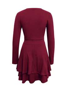 V-Neck Long Sleeve Waist Cinched Double-Layer Cake Dress, Women's Valentine's Day Outfit, Women's Vacation Dress - Burgundy - View 6