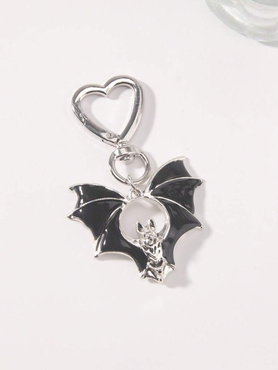 1pc Gothic Stylish Bat Charm Keychain, Halloween Gift - Black - View 1