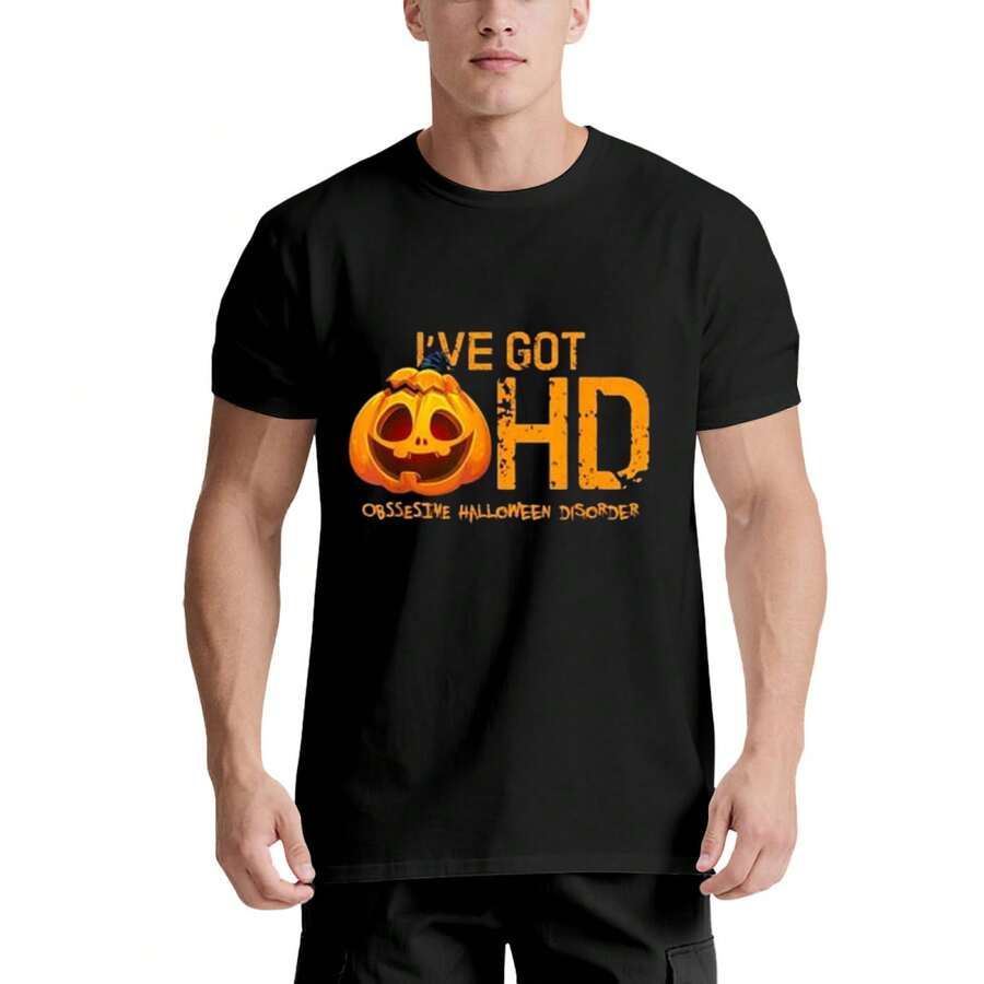 Camiseta | Diseño de Calabaza OHD - Trastorno Obsesivo de Halloween | 220g,% Algodón, Unisex, Negro y Blanco | Para eventos de entusiastas de Halloween | Amantes Extremos de Halloween - Negro - Ver 1