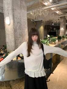 女式高领波点长袖荷叶边下摆休闲T恤