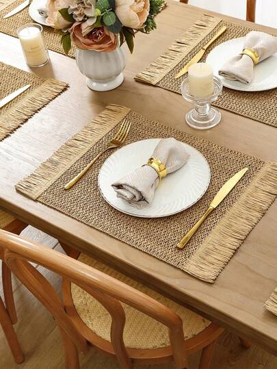 6pcs Bohemian Style Woven Paper Placemats With Tassels, Size 12x18 Inches, Elegant Natural Country Style Placemats, Suitable For Dinner, Wedding, Party, Beach, Farmhouse Dining, Christmas, Thanksgiving, Khaki