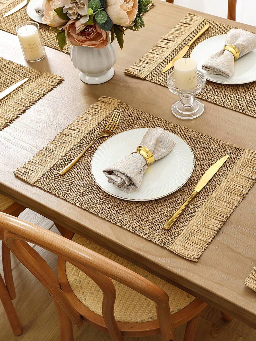 6pcs Bohemian Style Woven Paper Placemats With Tassels, Size 12x18 Inches, Elegant Natural Country Style Placemats, Suitable For Dinner, Wedding, Party, Beach, Farmhouse Dining, Christmas, Thanksgiving, Khaki - Khaki - View 1