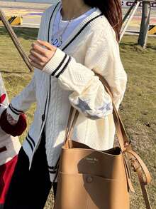 Women's Autumn Winter Knit Cardigan Long Sleeve V Neck Star Print Button Down Knitwear Fall Outerwears Streetwear