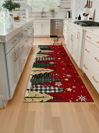 1pc Christmas Kitchen Rug, Winter Snowy Christmas Tree Carpet, Suitable For Living Room, Dining Room, Kitchen, Sink Area, Indoor Entrance, Suitable For Parties