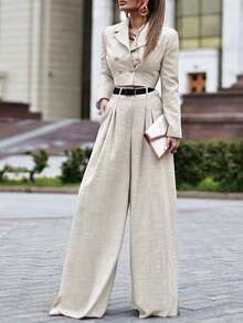 2pcs Women's Autumn Collared Long Sleeve Blazer Jacket And Wide Leg Pants Set - Apricot - View 1