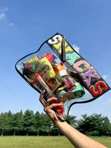 1 Pc Snack Storage Pouch, Transparent PVC Zipper Bag, Embroidered Letter Handheld Cosmetic Pouch, Portable PU Waterproof Toiletry Bag With Zipper Closure For Daily Use, Travel Trips, Office Desk And Makeup Kit Organization Wash Bag For Travel For Bathroom Large Capacity Makeup Bag For Men For Women